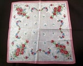 Vintage Cotton Hanky White Pink Blue Green Floral Red Carnations