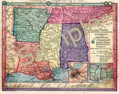 Old Map of Tennessee, Mississippi, Arkansas, Louisiana, Alabama Instant Digital Download 1880s Color Illustration