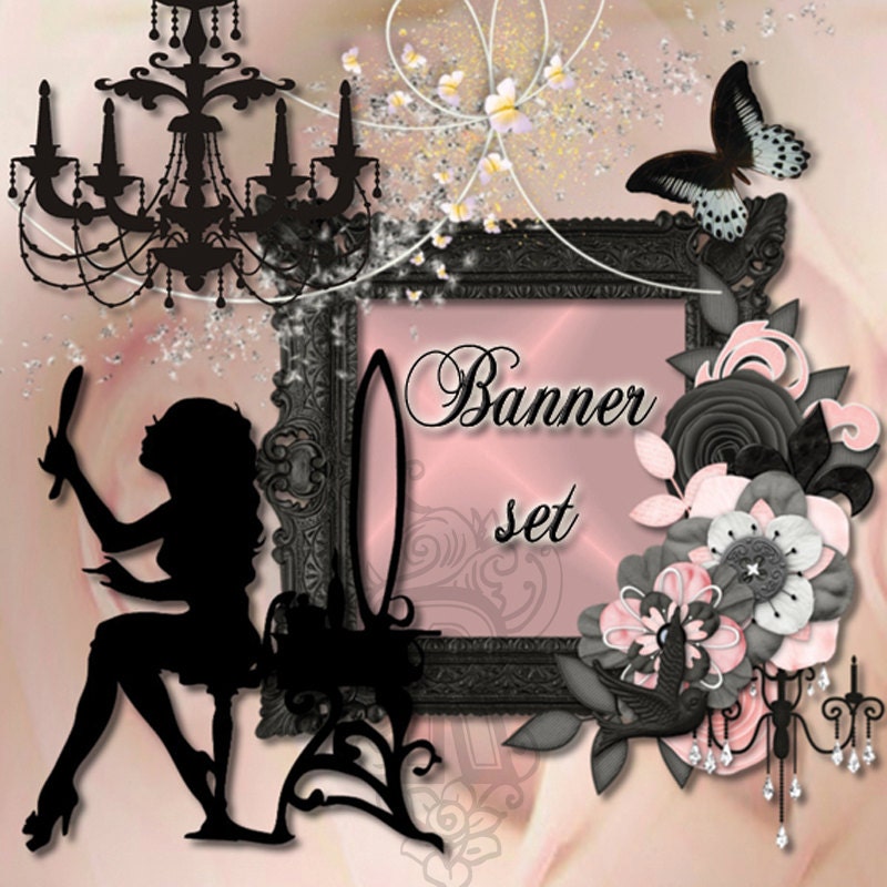 Shop Banner Avatar Blog Set 9 pieces and matching business card(printable)-girl,chandelier,pink,flowers