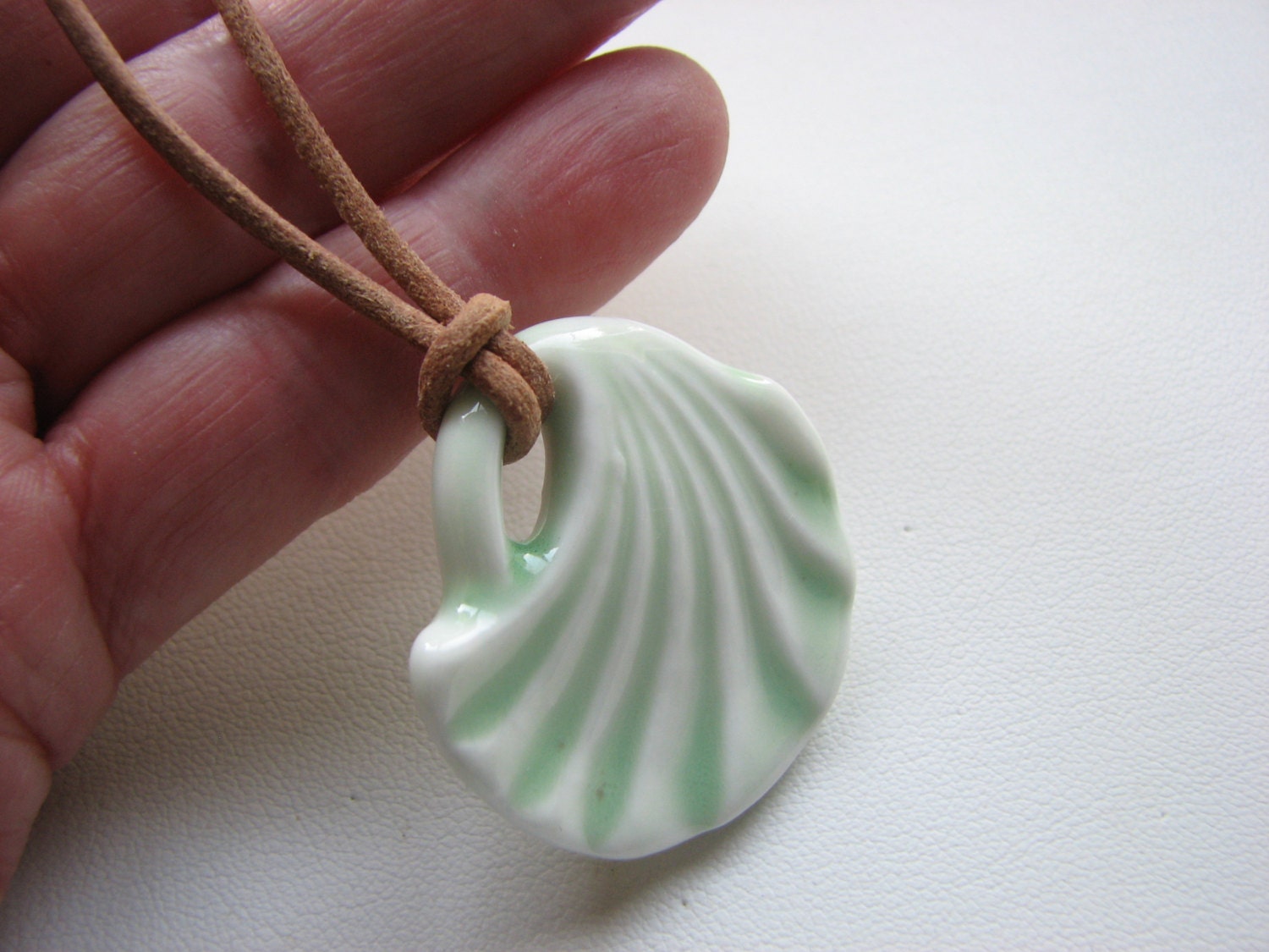 Mint Ceramic Pendant Jewelry Natural Leather Cord Necklace