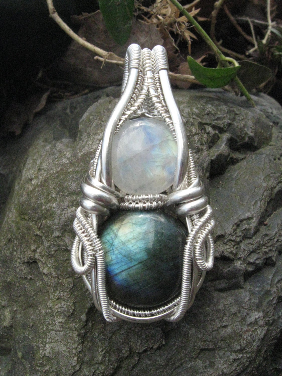 Labradorite and Rainbow Moonstone Wire Wrapped Pendant in Sterling Silver - Wire Wrap