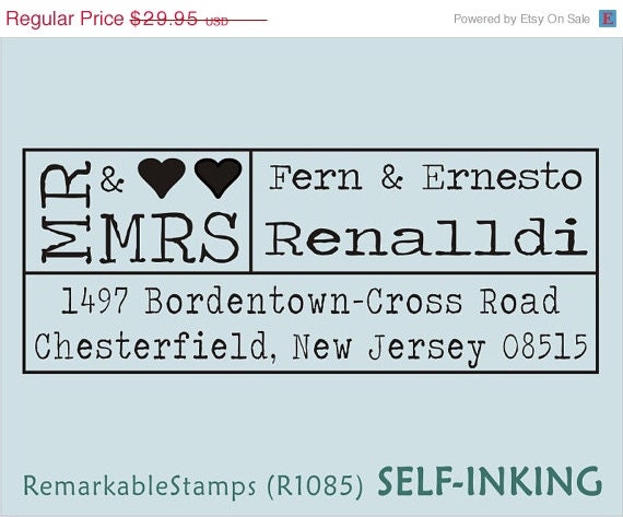 ON SALE Custom Address Stamp - Mr and Mrs Names with Heart  - Etsy Design (R1085) Self-inking Just Married Wedding Gift