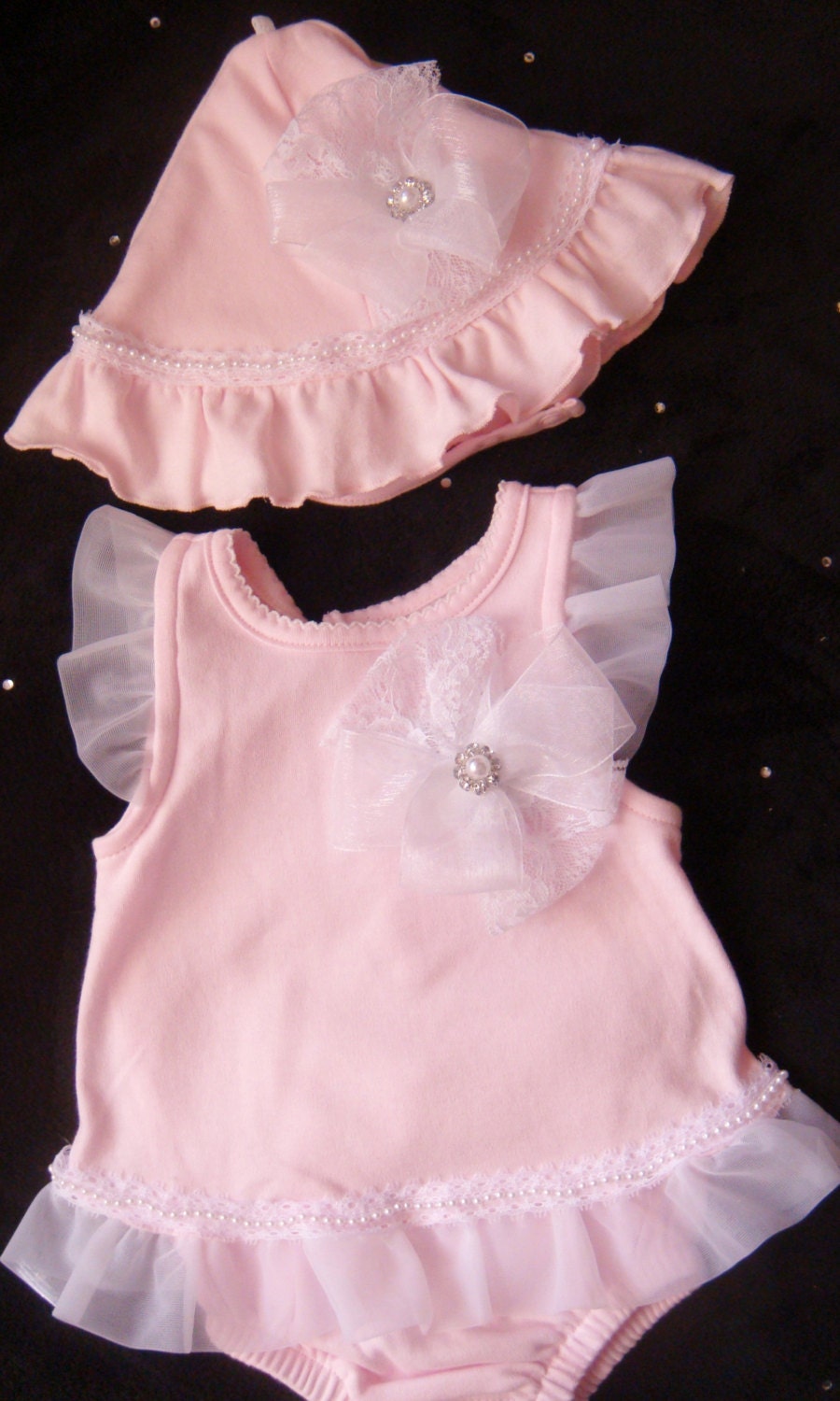 NEWBORN Baby girl gown layette bodysuit  onesie Take Me Home Outfit  pink pearls rhinestone matching beanie hat with bow and rhinestone