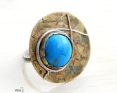 Howlite Brass Disc Sterling Silver Handcrafted Oxidized Metalwork Cocktail Novelty Statement Ring Gift for Her- Size 6.75.Free Shipping