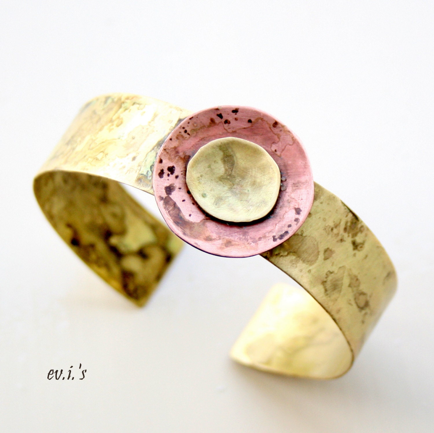 Brass Copper Disc Handcrafted Hand Cut Oxidized Wide Metalwork Statement Bracelet Cuff Gift for Her.Free Shipping