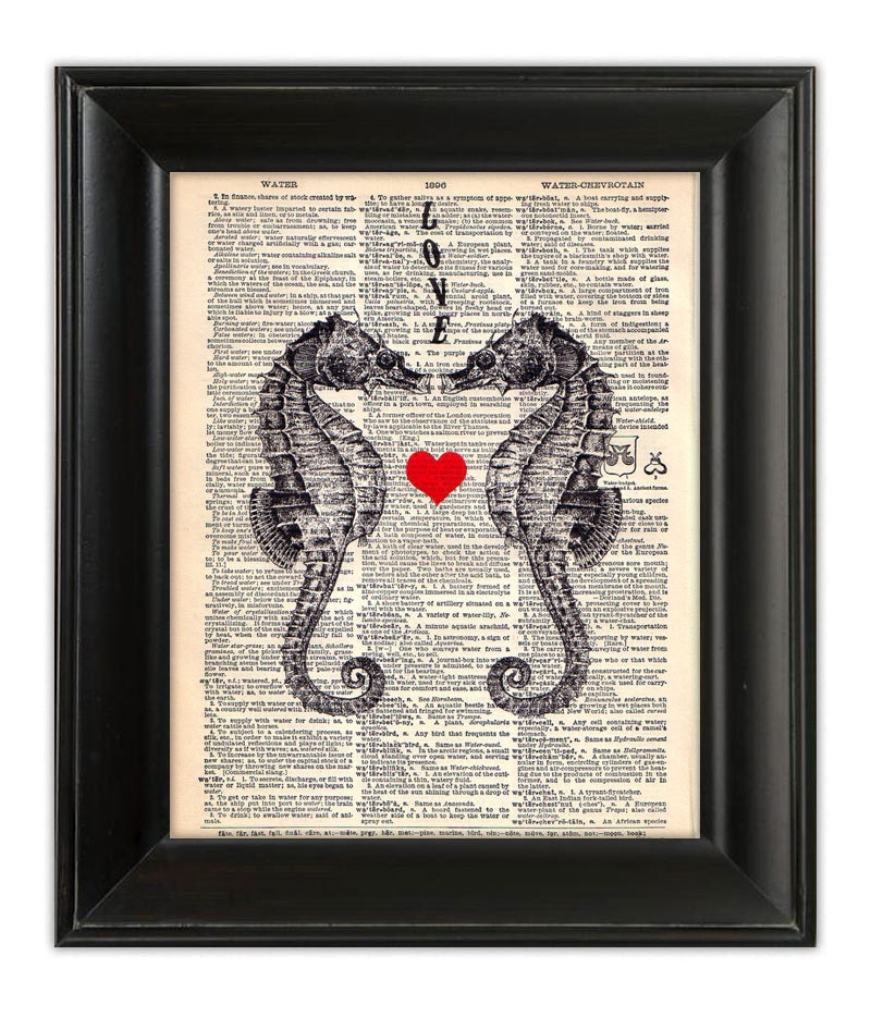 SEAHORSE Original Sea Horse Love Art Print Illustration Heart Valentines Mixed Media on Repurposed Antique English Dictionary Book Page 8x10