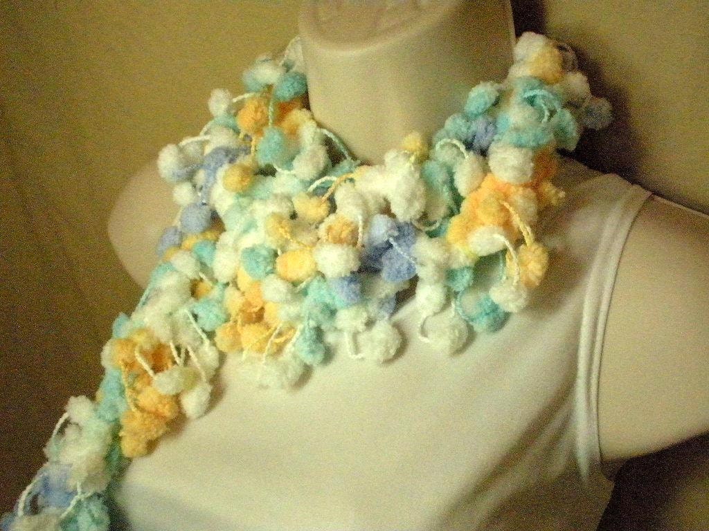 Blue White Yellow Pom Pom Fashion Scarf  Neckwarmer