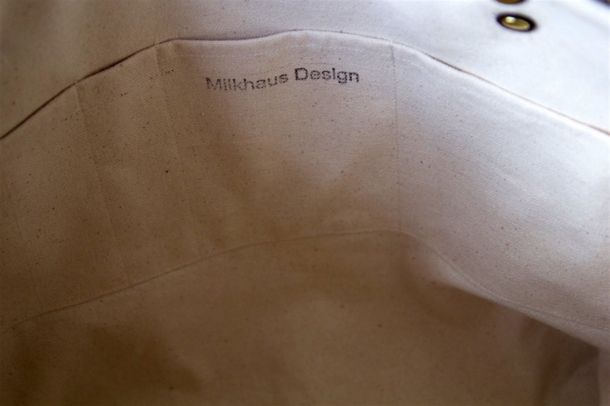 Hand Printed Linen Tote Bag Black Polka Dots - Brown Leather Handles