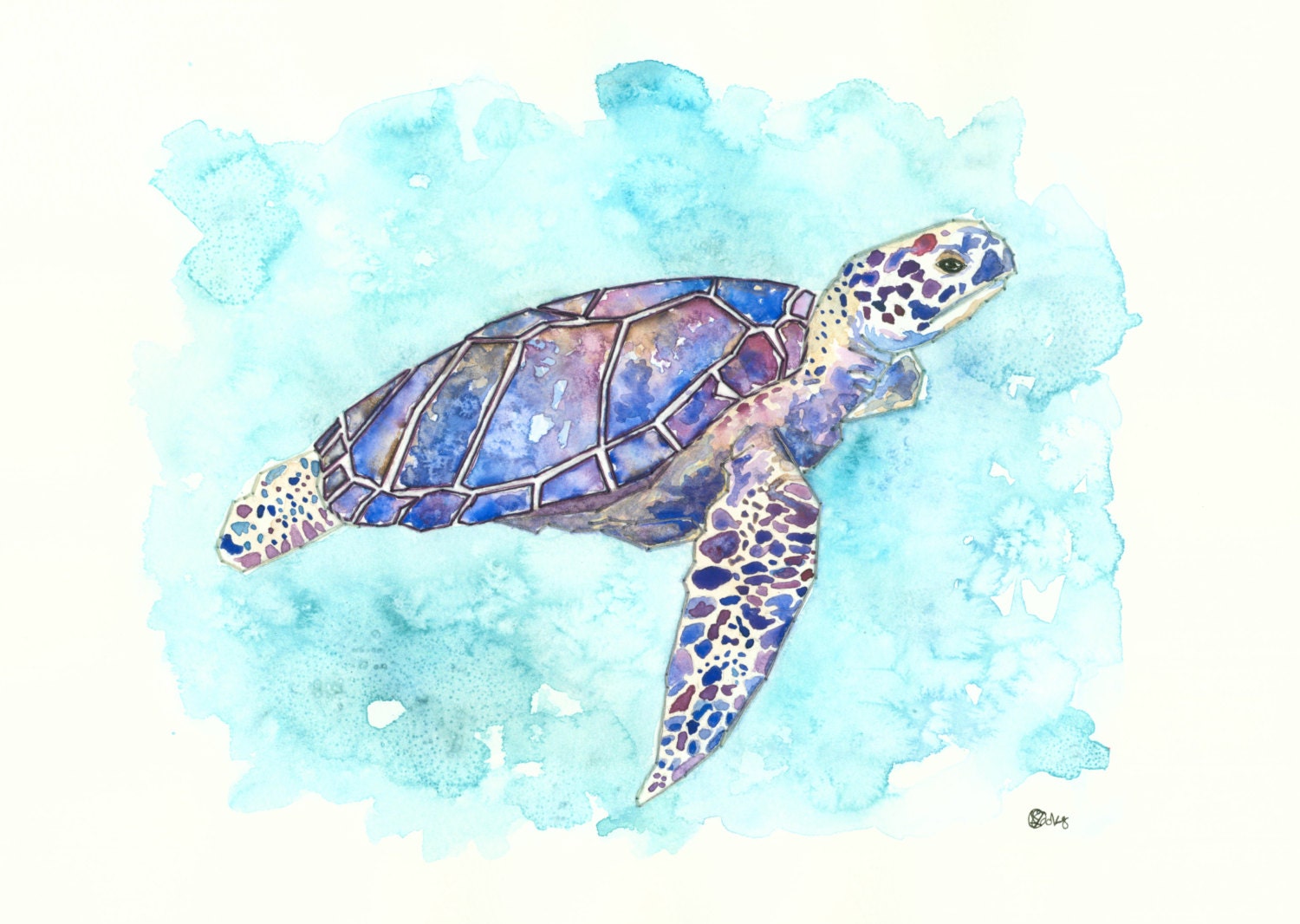 Sea Turtle Art Print - 10x8 - From Embroidered Watercolour-Signed- Blue, Green, Purple, Ocean - kroksg