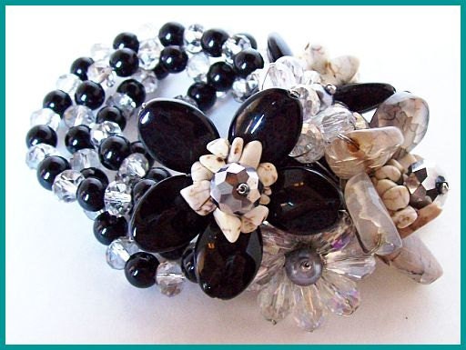 Vintage Designer Bracelet Black Crystal Glass White Stone Beaded Runway Exp Style 3" VG