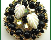 Vintage Fashion Brooch Pin White Givre Leaf Black Cabs AB Rhinestones Gold Metal 2" VG