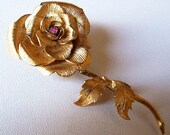Vintage Vendome Sterling Brooch Pin Pink Rhinestone Gold Rose Flower Gold Wash 3" VG