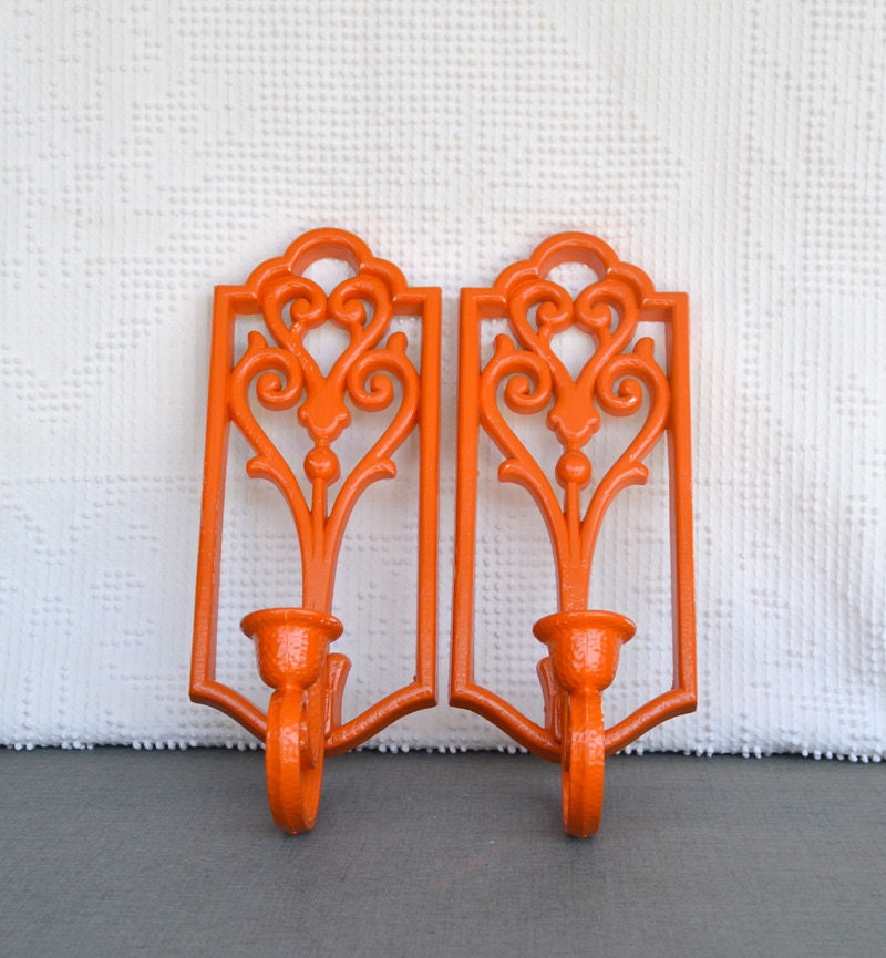 Orange Ornate Candle Sconces Swirly Upcycled Vintage Resin Sconces.. Mind Century Modern Teen Dorm Room Playroom Decor