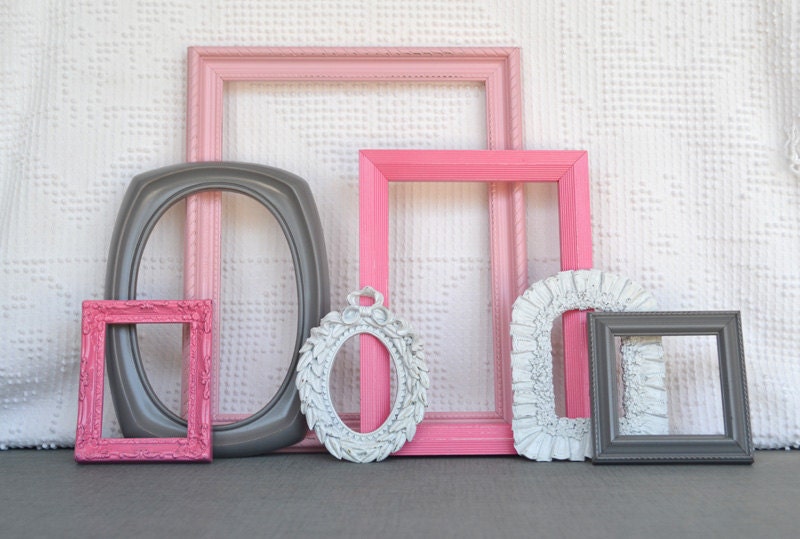 Pinks, Grey White Ornate Frames Set of 7 - Upcycled Painted Ornate Frames Girls or Nursery bedroom decor