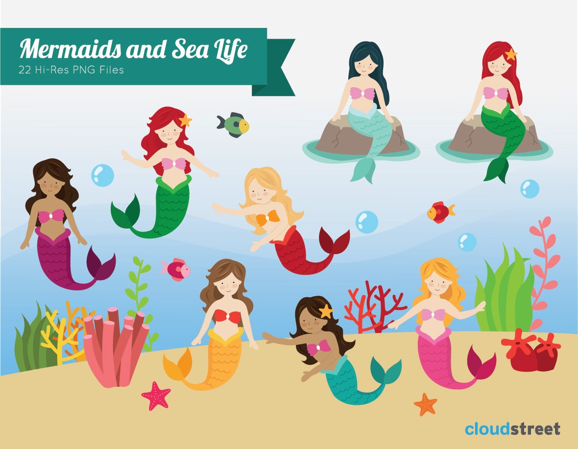 buy 2 get 1 free Mermaids and sea life Clipart for personal and commercial use ( cute mermaid clip art ) INSTANT DOWNLOAD