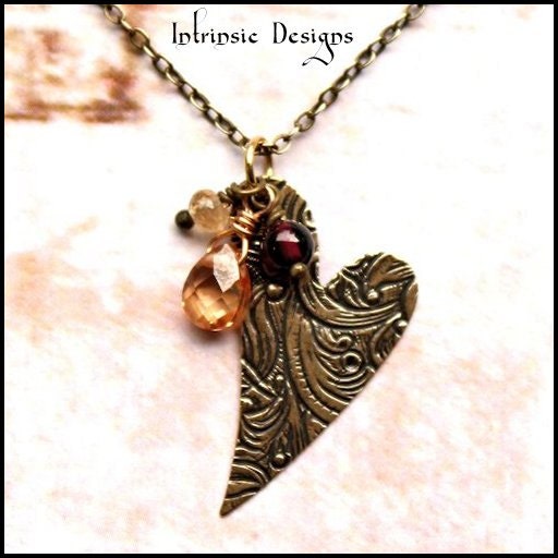 Heart Charm and Gemstone Pendant Necklace with Garnet, Cubic Zirconia & Topaz