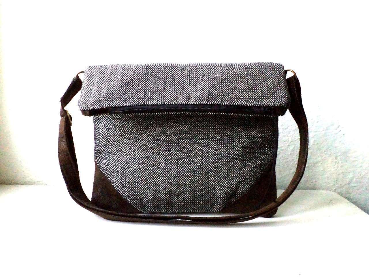 Vegan handbag,  fold over, crossbody,black, whith and golden chevron fabric, FAUX Suede in chocolate brown,lightweight.Adjustable strap.