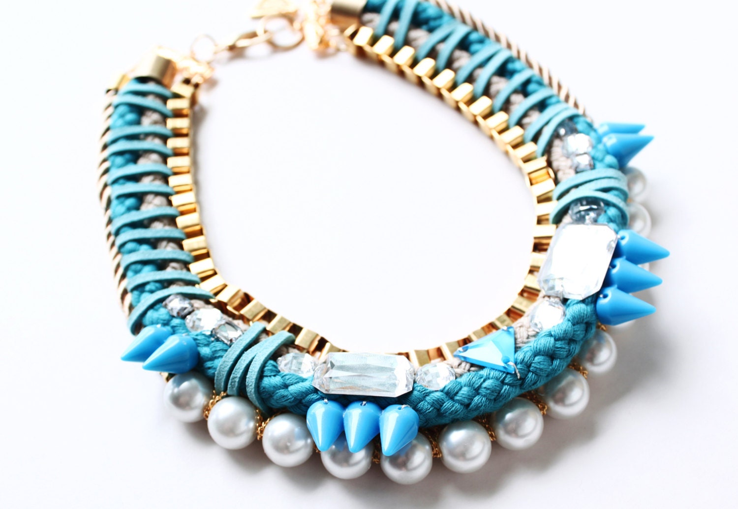 Facade, pastel neon rope necklace with pearls and rhinestones, collar, blue, SS13, colorful, quirky, unique statement necklace, OOAK jewelry