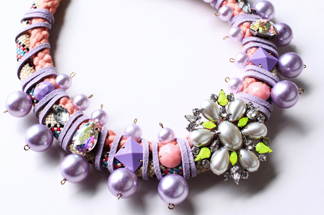 Darling, pastel tribal rope necklace with pearls rhinestones, collar, lilac peach, SS13, colorful, quirky, unique statement necklace, OOAK