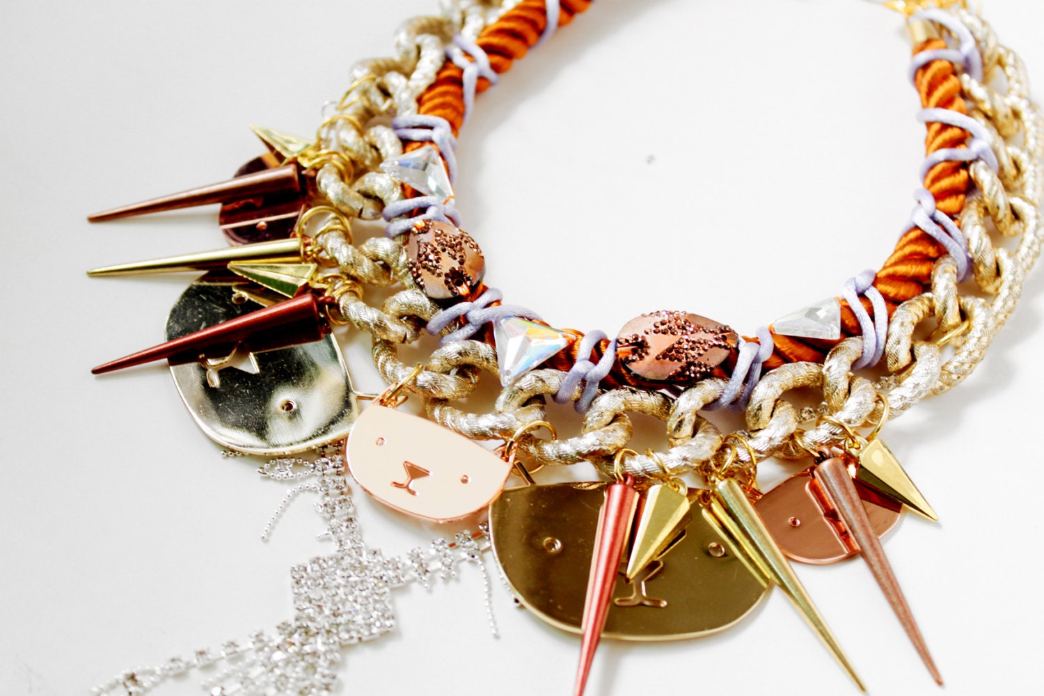Cats fashion statement necklace, rope chunky necklace, spikes and studs, rhinestones, OOAK jewellery