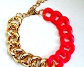 FREE SHIPPING--Hot Pink and Gold Chain Bracelet--Gold bangle--Summer, spring, pink chain bracelet, chain bracelet, silver bracelet