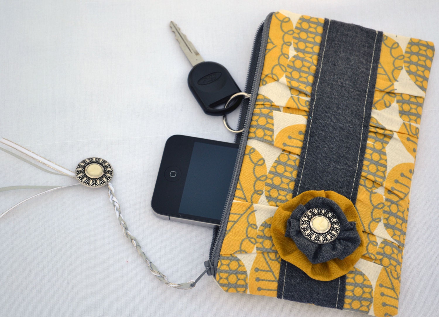 Mustard and grey pleated Clutch Purse, zippered Pouch, summer Clutch, wristlet