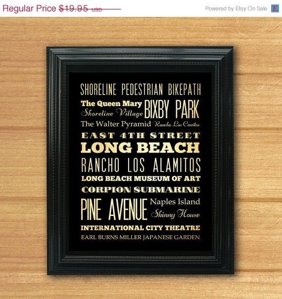 ON SALE Long Beach, California, Typography Art Poster / Bus / Transit / Subway Roll Art 8X10-Long Beach's Attractions Wall Art Decoration-L