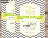 Boys baby shower invitation about to pop yellow, green & gray - digital, printable file
