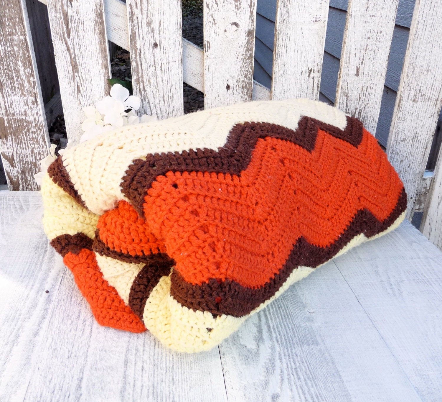 Orange Yellow and Brown Chevron Stripe Crocheted Afghan Blanket Throw