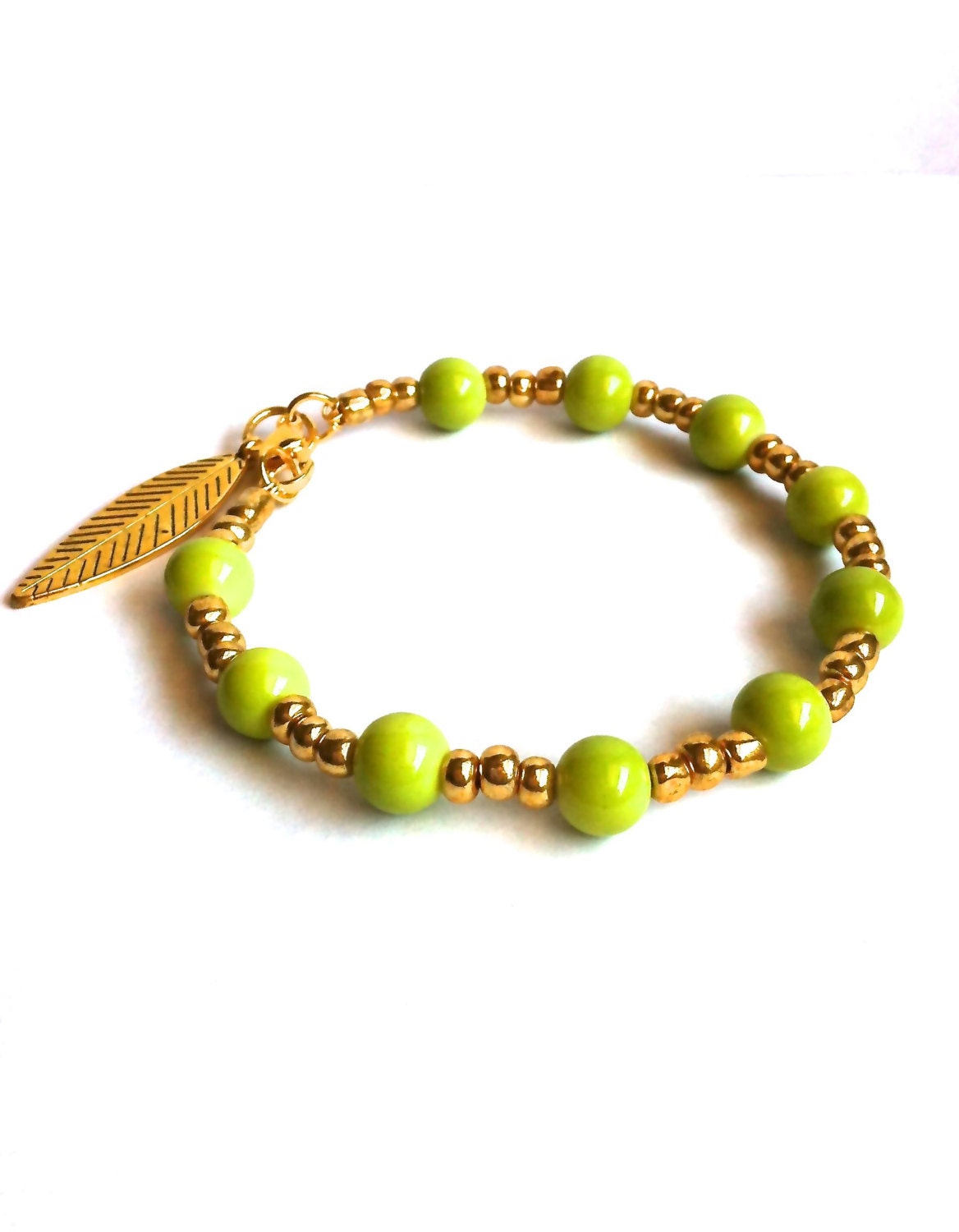 Lime Green & Gold Beaded Bracelet with Gold Leaf Charm - Wire Bracelet with Clasp - Layering Bracelet