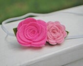 Felt Flower Headband with Two Roses, 2 Pink Felt Roses on a Thin Elastic Headband, Great for Babies, Girls and Adults