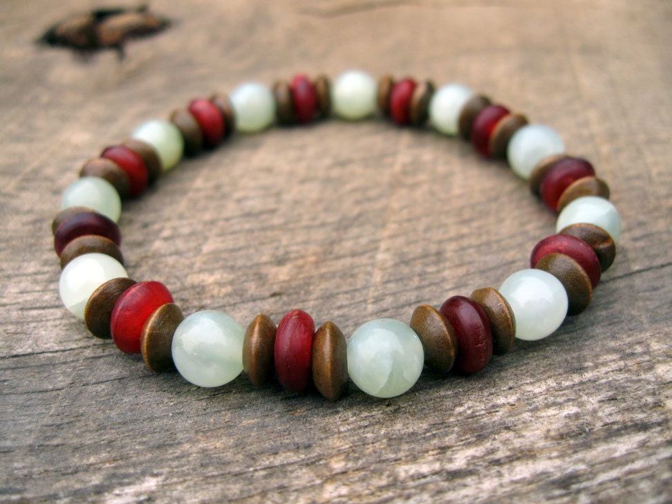 Mens tribal surfer bracelet, jade, horn and wood beads on stretch cord, upcycled and repurposed beads, handmade, natural materials