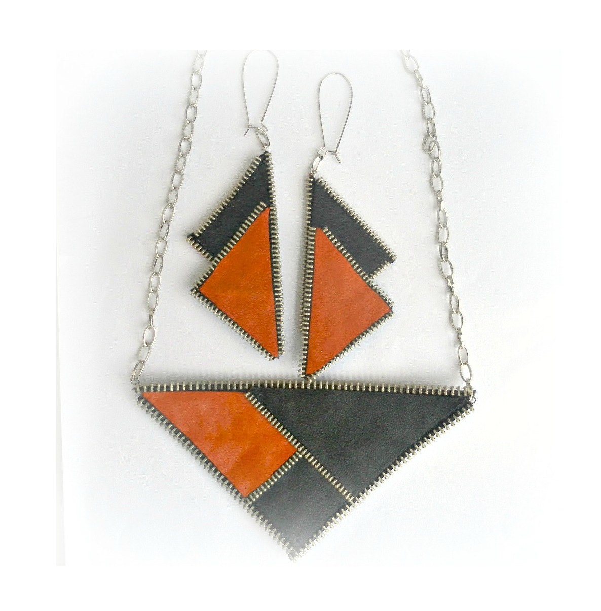 Geometric Necklace Jewelry Triangle Necklace and earrings, Leather, leatherette and zipper, Orange and Black, eco friendly, recycled jewelry
