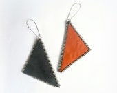 Geometric earrings, zipper Leather and  leatherette, Geometric Jewelry,  Triangle earrings, Orange and Black, eco friendly, recycled jewelry