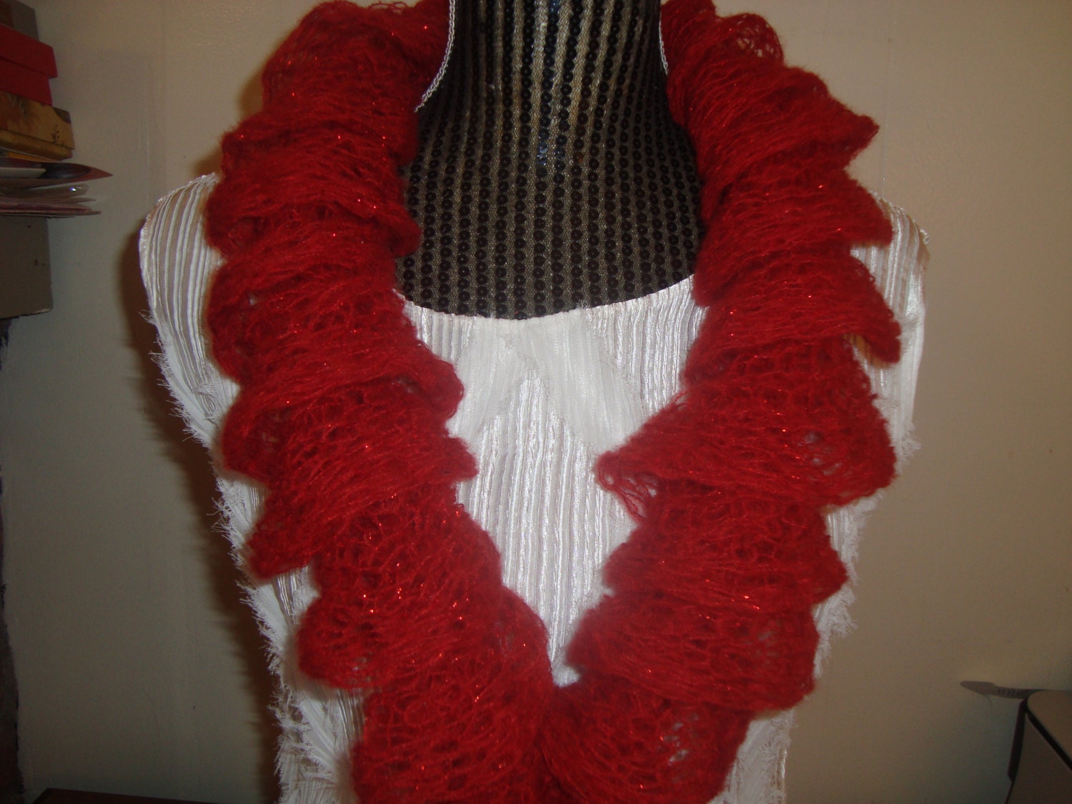Knit Scarf  Red  Ruffled.Sparkle.Lace.New.Gift.Spring/Winter.Ready  to  ship.