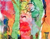 Mixed Media art abstract original collage red green yellow 8x10 canvas