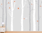 Birch Tree Decal with Flying Birds in 2 colors, Birch forest, Birch Trees Wall Vinyl for Nursery, Living Room, Kids or Childrens Room