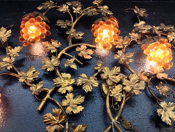 Mid Century Gold Gilt Grape Lamp Wall Sconce