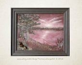 Peaceful Sunset At the Lake. 8x10 in Original Mixed Media Painting. Framed. Brown autumn office home decor