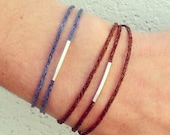 Wrap bracelet in Irish Waxed Linen and silver bar bead - brown -