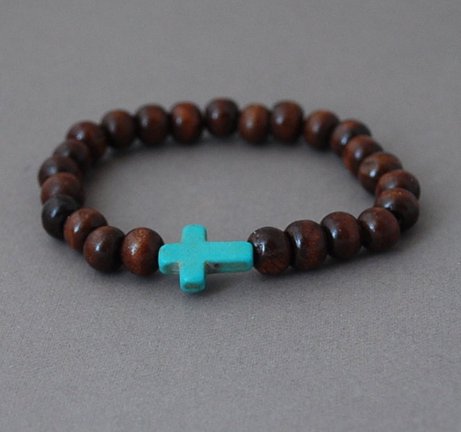 Dark Brown Bead Turquoise Sideways Cross Bracelet