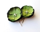 Olive Green Fabric Flower Bobby Pins, Emerald Green Bridesmaids Small Flower Girl Hair Clips