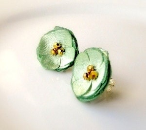 Mint Earrings, Fabric Studs, Small Fabric Flower Earrings, Bridesmaid Posts, Mint and Gold Wedding, Bridal Jewelry, Satin Pastel