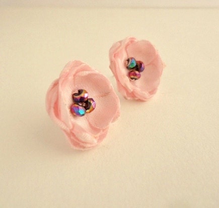 Pink Fabric Earrings, Pastel Flower Studs, Bridal Jewelry, Bridesmaid Gift, Small Fabric Flowers, Soft Pale Pink Satin