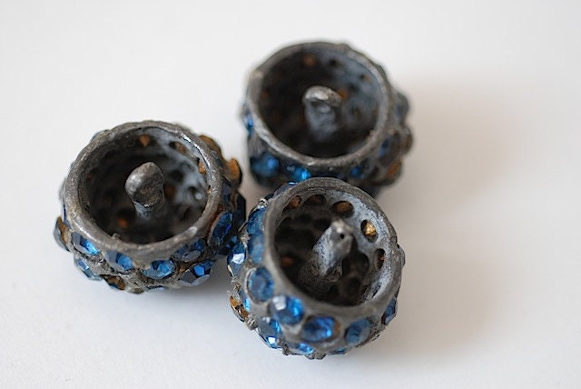 Lot of Three Antique Cast Iron Buttons WIth Blue Rhinestones - 1930's, Sewing Materials For MOM Grandma