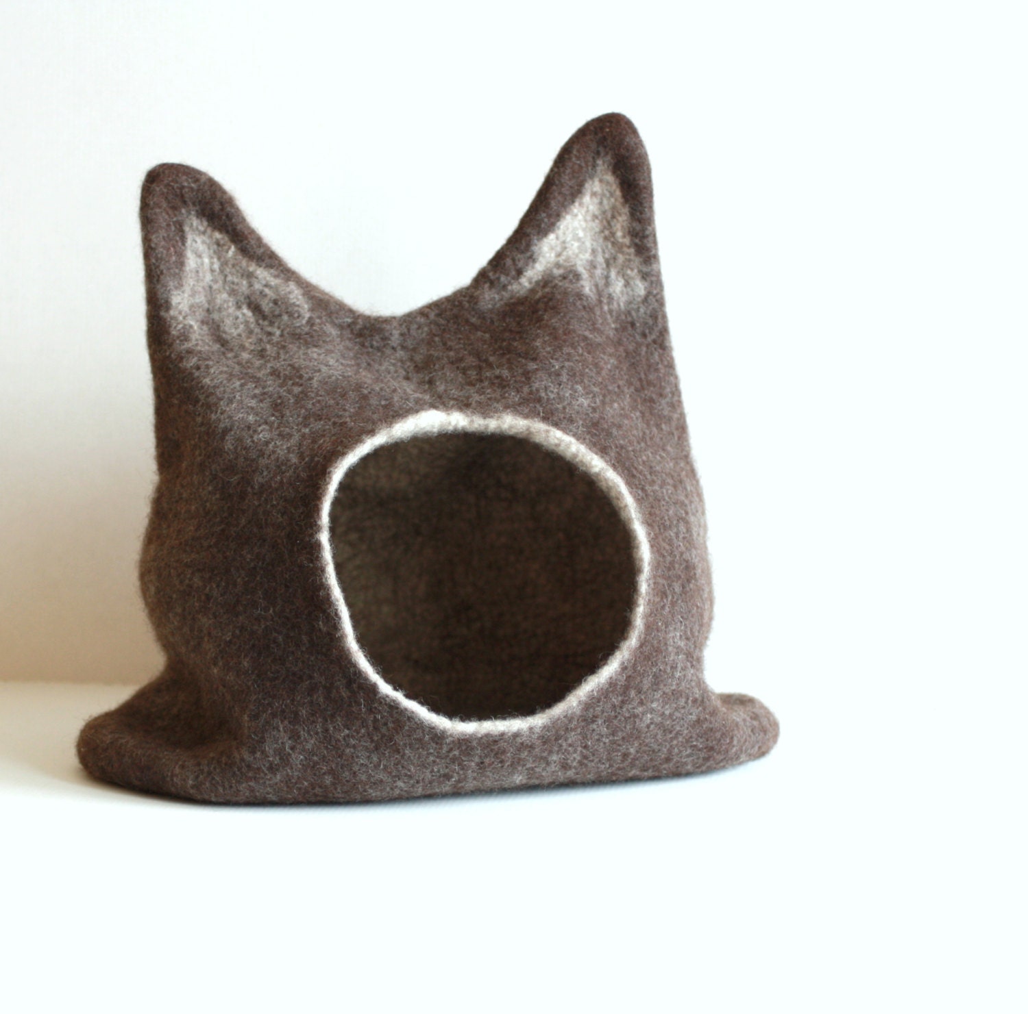 Large cat bed - cat cave - cat house - eco-friendly handmade felted wool cat bed - dark brown with natural white