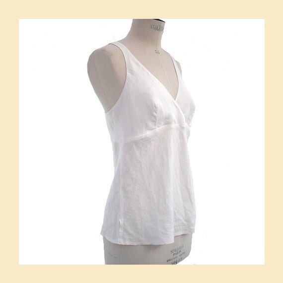 Vintage 1980s sun top in white linen, sleeveless with fitted top, by Margaret Howell, UK size 10 to 12