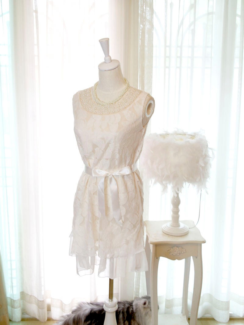 Elegance Pearl collar white lace dress dreamy romantic elegance women cocktail dress
