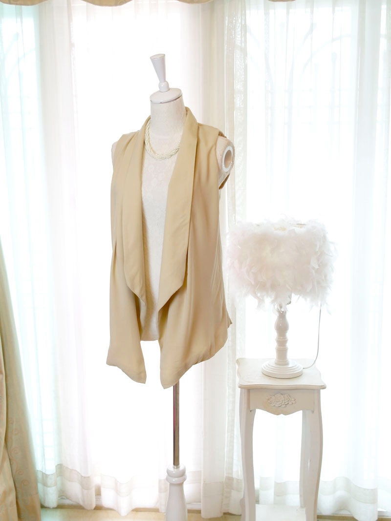Sophisticated Romantic Spring drape collar sleeveless chiffon blouse Vest jacket light khaki