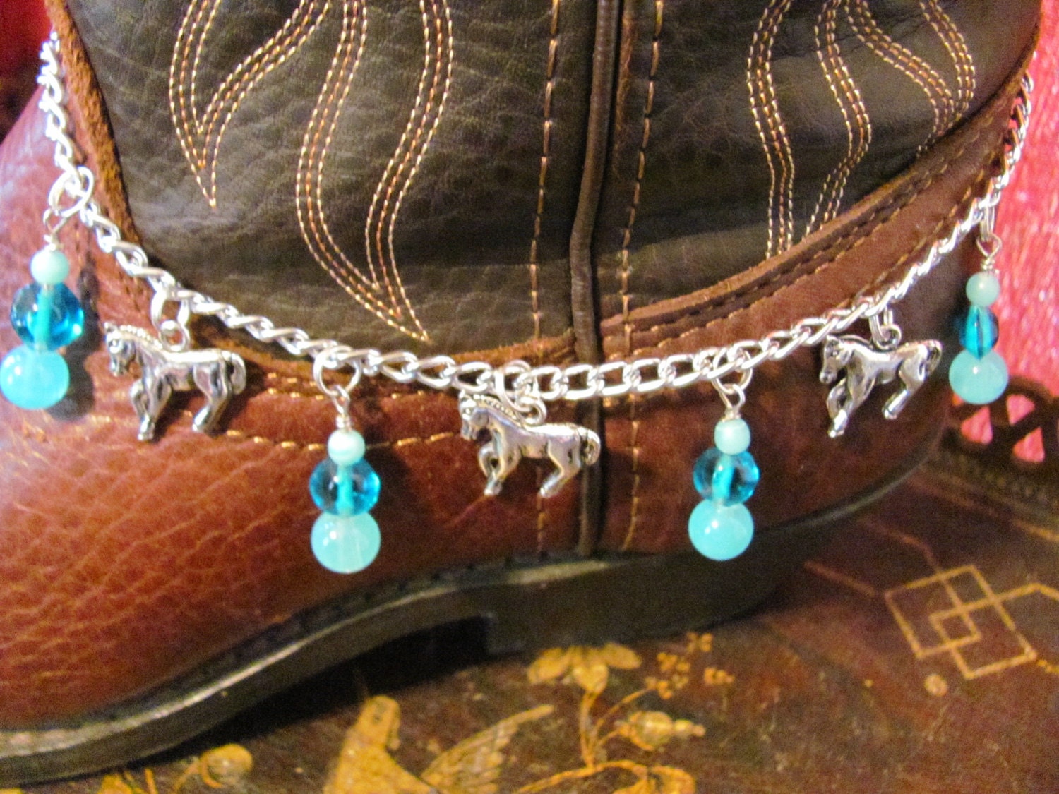 Cowgirl Boot Sweets / Boot Bracelet / Pony / Western Wear Accessories Bling / Turquoise Color Beads / / Horse Charms